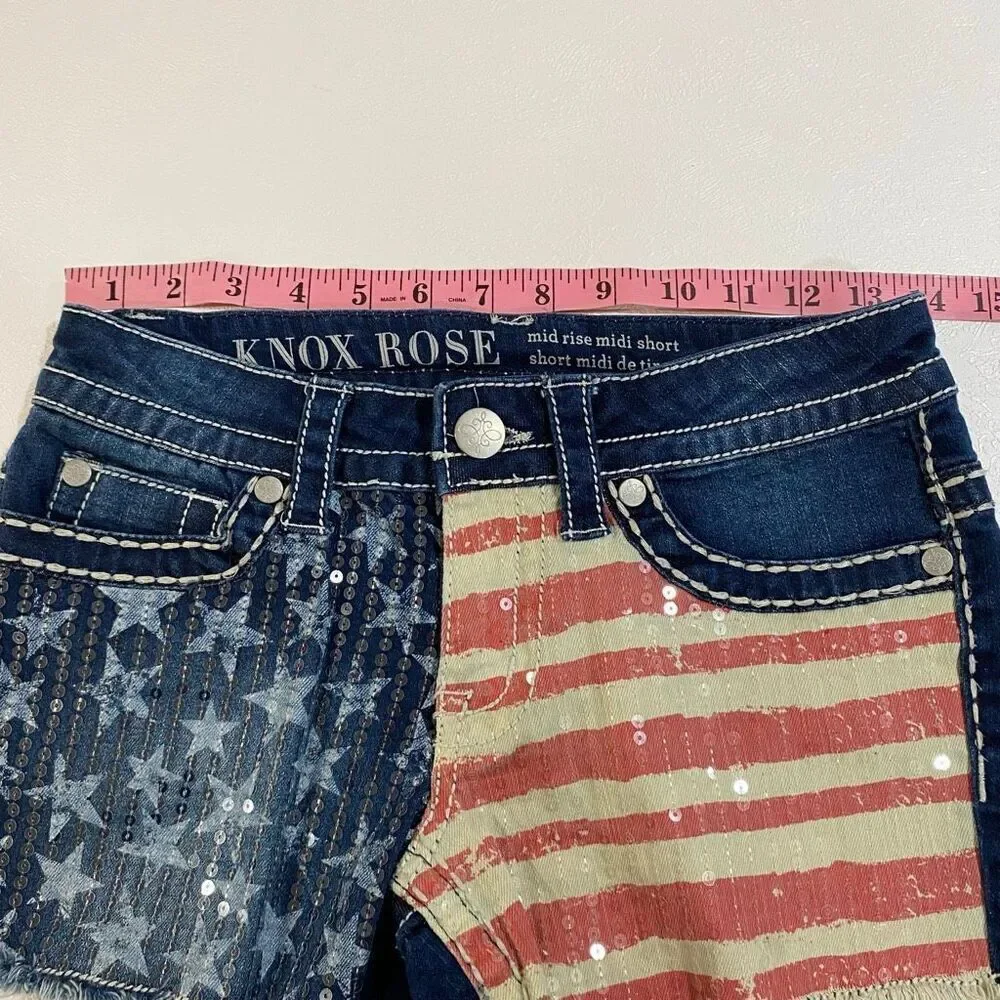 Knox Rose American Flag Sequin Denim Shorts Women’s Size 2/26 Mid Rise Distresse - Picture 7 of 8